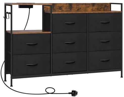 WOLTU Kommode mit 8 Schubladen aus Stoff, Stoffkommode mit Steckdosen, Kommodenschrank für Schlafzimmer Wohnzimmer Flur, aus Metallrahmen Holzwerkstoff, Rustikalem Braun + Schwarze, SSK007sz