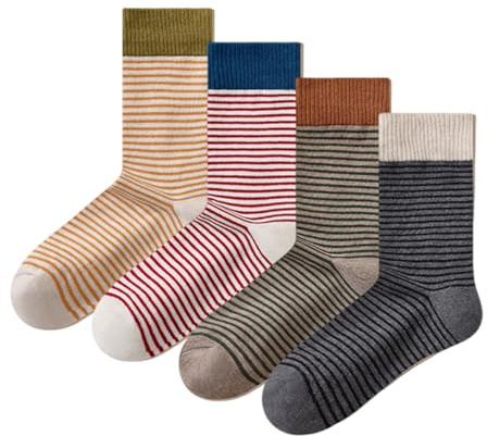 METICK 4 Pairs Striped Crew Socks, Retro Cute Athletic Crew Socks for Women