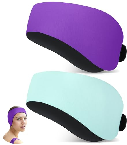 Lunmon 2 Pairs Swimming Headbands Adjustable Water Headbands for Adults Waterproof Safety Earplugs Swimming Earband Protectors for Pool, Surfing, Diving and Water Sports(Purple,Light Green)