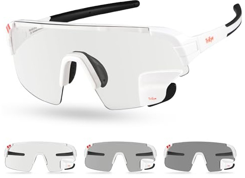TriEye Occhiali da ciclismo da uomo e da donna con specchietto retrovisore – fotocromatici UV400 – Occhiali sportivi antivento per bici da corsa e mountain bike - Bianco Fotocromatico