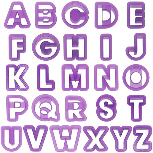 SUNNYCLUE 26 pieza de 26 estilos de Moldes de Arcilla Polimérica con Letras Del Alfabeto, Cortadores de Arcilla de Plástico Morado, Diseño de la A A la Z, Juego de Herramientas para Cortar Aretes, par