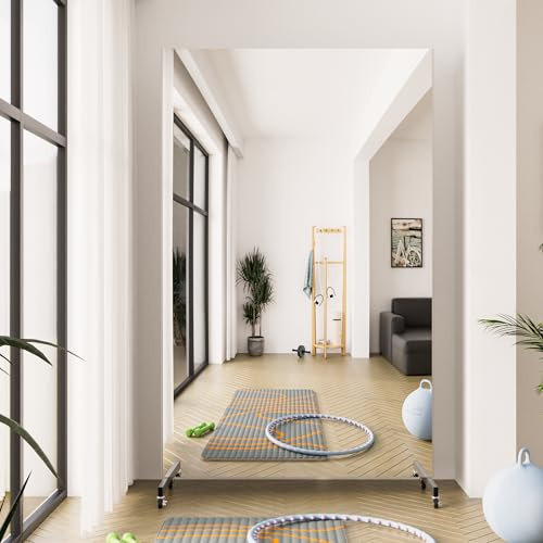brisafe Specchio Palestra Grande, 120 x 210 cm Specchio da Terra Moderno con Base a Ruote, Nano-Specchio, Super Leggero e Infrangibile per Yoga, Terapia, Spogliatoio, Bianco