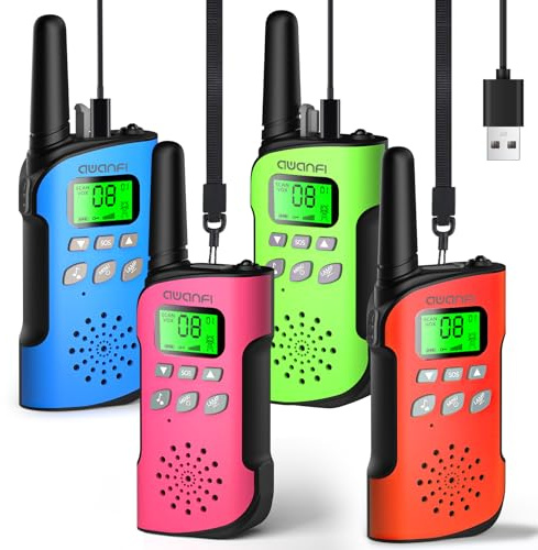 AWANFI Walkie Talkie für Kinder 4er Set, Walkie Talkie Aufladbar mit Li-ion Akku, Walky Talky mit VOX, Taschenlampe, Funkgerät Set, Walki Talki Camping Abenteuer, Geschenk für Kinder de 3-12 Jahre