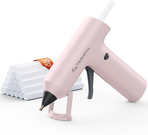 TILSWALL mini pistolet à colle chaude sans fil avec 20 bâtons 7×140mm, chauffage rapide 90s. Idéal pour bricolage, réparations et projets créatifs – Rose