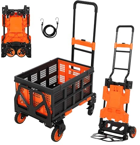Versatile 2-in-1 Folding Hand Truck Dolly – Collapsible Basket, Retractable Handle, 4 Wheels – Heavy Duty Moving and Shopping Platform, 330 Lb Capacity, Foldable and Compact for Easy Storage
