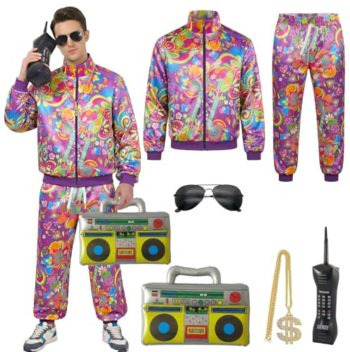 Xerteam Vestito da uomo anni '80 e '90, con accessori, stile hip hop retrò anni '80, per adulti, set con 1 abbigliamento sportivo, camicia, pantaloni, cappello, collana, palloncino e occhiali (viola 2