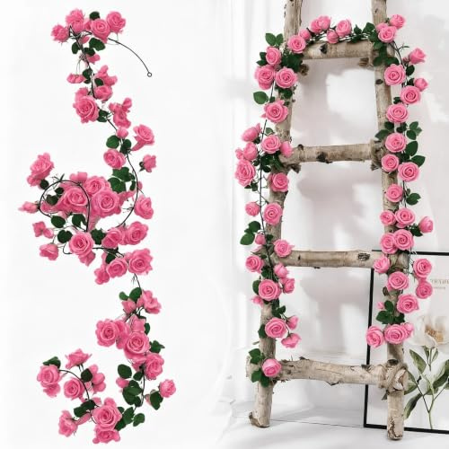 Qivra 2 Pezzi Ghirlanda di Fiori Artificiale Fucsia, 1,8 Metri Rose Artificiali Realistiche, 138 Rose Ghirlanda Fiori Bianca per Decorazioni Matrimonio Tavolo Feste Giardino