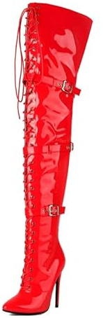 Veelau Meieer Stivali sopra il ginocchio da donna in pizzo con punta chiusa a spillo tacchi alti in pelle laccata stivali stringati con fibbie, Vernice rossa, 38 EU