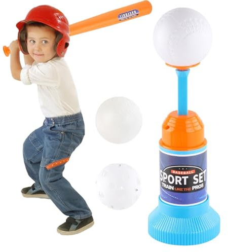Tee Ball Set - Kids Baseball Tee Ball Set With Auto Launcher | Outdoor Sports Toy For Tōddlers Age 3+ | Includes Bat And 3 Foam Baseballs | Hand-Eye Coordination Training Game