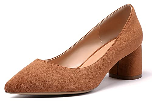 Mettesally Scarpe col Tacco Mezzo Decolleté Chiuse Donna Elegante Tacco a Blocco Marrone Camoscio EU38