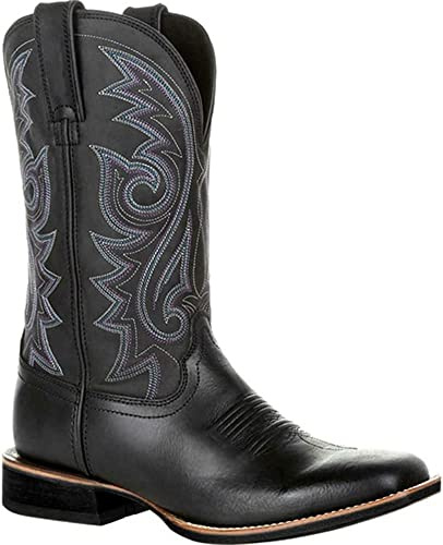 Bottes de cowboy larges classiques vintage mi-mollet, bottes western brodées à bout pointu et talon bloc (taille : 47 EU, couleur : noir)