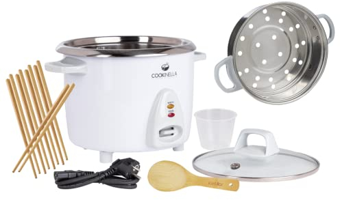 KeMar Reiskocher (1,8L, 700W, Weiß) mit Warmhaltefunktion, inkl. Dampfgarer-Einsatz, Bambuslöffel & Messbecher (KRC-300+Dämpfeinsatz) -10 Messbecher 1-10 Personen, Edelstahltopf, Edelstahlschüssel