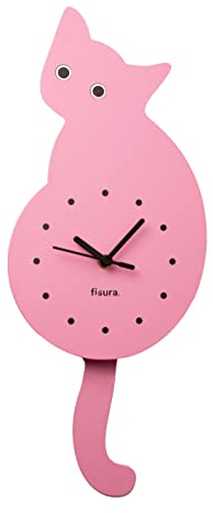 FISURA - Katzenuhr mit Schwanz. Original-Wanduhr. Leise Wanduhr 46 x 8 Zentimeter. Holz und ABS. 1 AA-Batterie (Nicht enthalten) (Rosa)