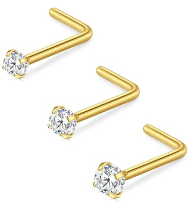 FECTAS Nose Ring L Shaped Nose Stud 18G L Bend Nose Piercing Jewellery Stainless Steel 1.5mm 2mm 2.5mm Diamond CZ Gold 3pcs