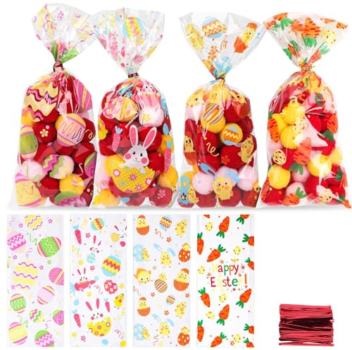 100pz Sacchetti Alimenti Trasparenti Pasquali, Sacchetti Trasparenti per Imballaggio con 100 Laccetti, Sacchetti Regalo di Pasqua Bomboniere Sacchetti per Dolcetti Biscotti Caramelle Snack