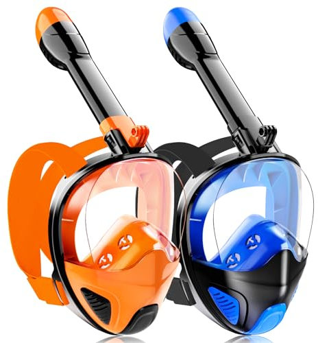 Tauchmaske Schnorchelmaske Erwachsene Jugendliche,180-Grad-Sicht Tauchmasken Anti-Leck Anti-Fog Schnorchelset Vollgesichtsmaske Taucherbrille zum Schnorcheln (Dark Blue+Black Orange)