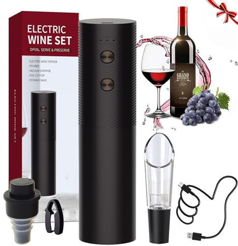 Sacacorchos Eléctrico Portátil, Abridor eléctrico de botellas de vino 5 en 1 Juego con Abridor de Vino Recargable, Cortacápsulas y Tapón de Vino al Vacío para Amantes del Vino