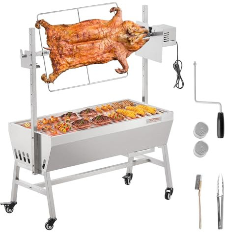 VEVOR Lammgrill, Spanferkelgrill, Spießbratengrill, 61 kg BBQ-Holzkohle-Spießgrill für ganzes Schwein, Lamm, Ziege, elektrischer 42-W-Motor, Edelstahl-Drehspießröster mit feststellbaren Rädern
