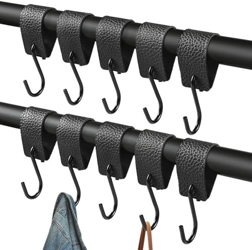 Omtofo 10 ganchos en forma de S con correa de piel, ganchos negros para colgar, 12,5 × 3 cm para barra de ropa, ganchos de metal multifuncionales para cocina, baño, dormitorio, salón, camping