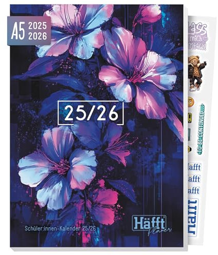 Häfft® Planer 2025/2026 A5 - Softcover Schülerkalender, Schülerplaner, Hausaufgabenheft, Schulplaner Dark Bloom Vol.2 - nachhaltig & klimafreundlich