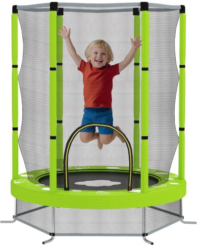 AIYAPLAY Trampolino Elastico per Bambini Ø140 cm con Rete di Sicurezza | Tappeto Elastico per Bimbi da 3-6 Anni con Disegni, per Interno, Verde