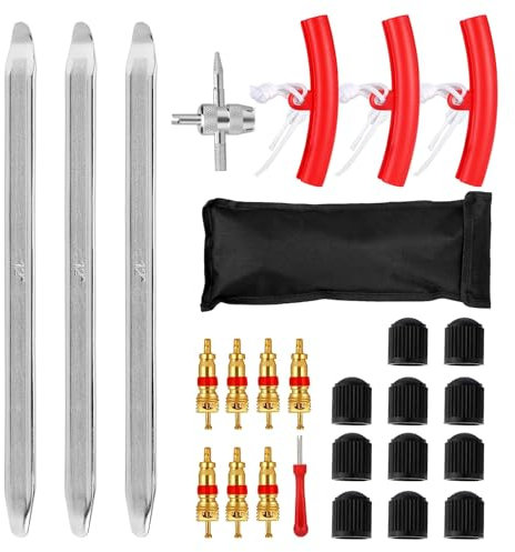 XPAPOV Set di 27 leve per pneumatici, 30 cm, con 3 protezioni per cerchioni, attrezzi per il montaggio di pneumatici per moto, bicicletta, carrello, scooter