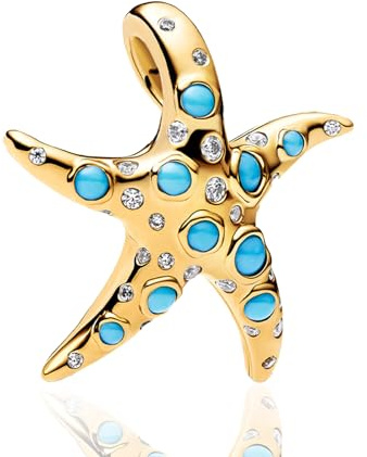 LaMenars Colgantes de Abalorios Golden Blue Starfish Charms Originales Plata de Ley 925 con Circonita Cúbica para Pandora & Europeo Pulseras Brazaletes Collares para Mujer