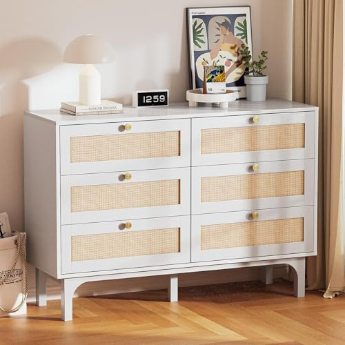 LEADZM Commode en rotin à 6 tiroirs, Meuble Rangement, Commode Chambre Commode avec tiroirs, Armoire à tiroirs Blanche 120 x 40 x 85 cm