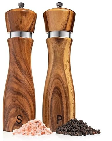 SAVOURLUXE Premium Wooden Salt and Pepper Grinder Set with Stand & Spoon – Adjustable Ceramic Mills, 8-Inch Refillable Acacia Wood Salt and Pepper Grinder Set Wooden for Kitchen & Dining (Classic)