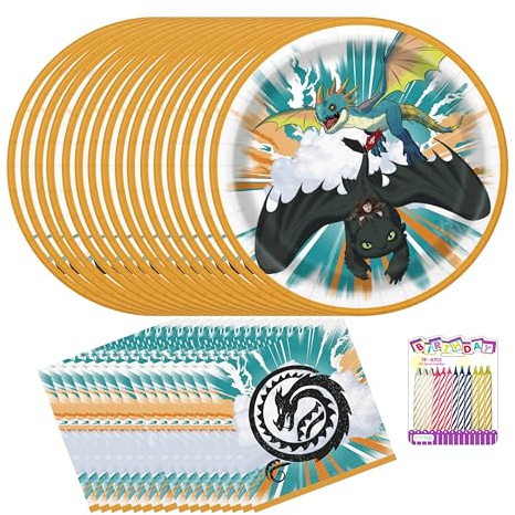 How To Train Your Dragon Party Supplies Pack for 16 Guests – Includes 9 Plates, Luncheon Napkins, and Birthday Candles – Dragon Party Decorations for Boys and Girls