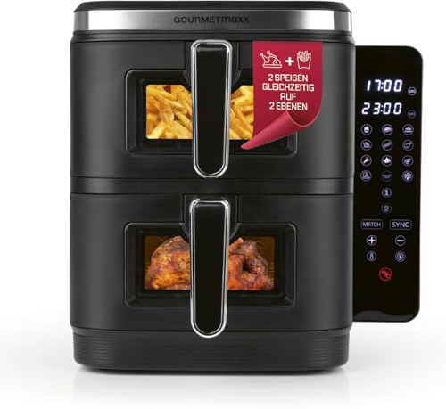 GOURMETmaxx FryUp Vertikale Doppelkammer Heißluftfritteuse XXL | Airfryer mit Sichtfenstern & Klapp-Touchdisplay | Heißluftfritteuse 2 Kammern - 10 L Volumen | Heissluftfritteuse Doppelkammer 2 Ebenen