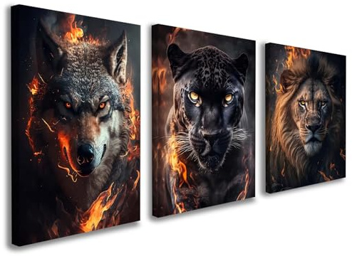 Set of 3 Framed Canvas Wall Art 12x16 Inch Wolf Lion Panther Artwork Animal Fire Design Modern Wall Canvas Pictures for Living Room Bedroom Gaming Room Hallway Wall Decoration with Hooks and MagicTape