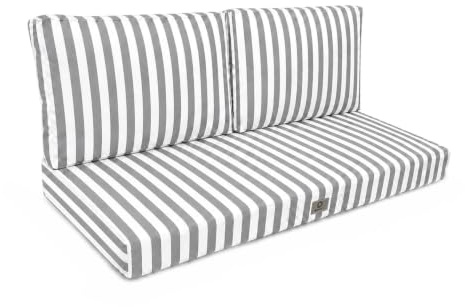 Déco Arts — Lot de 3 Coussins Déhoussables Salon Jardin 100x50 — Assise 100x50 + 2 Dossiers 50x35 cm — Imperméable Anti-UV — Remplacement Mobilier Jardin Terrasse Balcon Véranda — Rayures Gris Clair