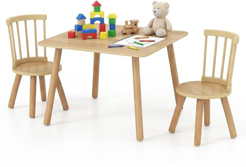 Costzon Kids Table and Chairs, Wooden 3 PCS Children Desk Set w/Pine Wood Frame, Curved Backrest & Round Seats for Playing Learning Eating, Toddler Table and Chair Set (23.5” x 23.5” x 17”,Natural)