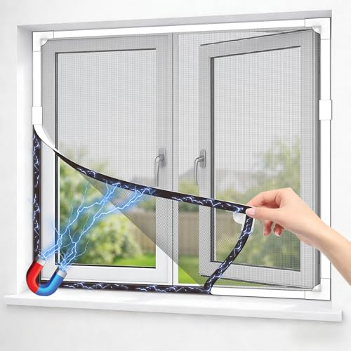 OWYR Magnetic Fly Screen Window, DIY Up to 151x180cm, White Frame Grey Net | Adjustable Size DIY Fit, Fiberglass Insect Mesh, Full Frame Magnetic Strip, Easy Installation, Mosquito Net & Bug Screen