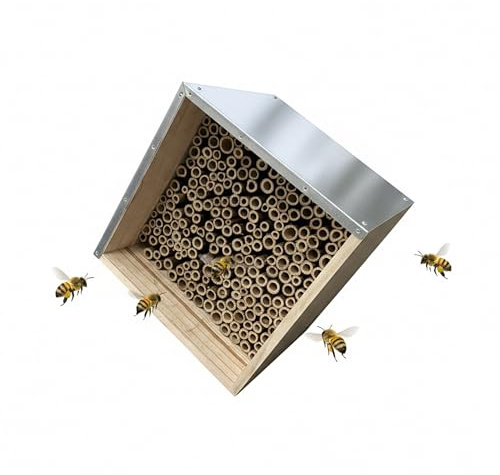 Relaxdays Hôtel à Abeilles en Bois avec Toit métal galvanisé, Tubes Bambou, 31.5x31.5x20 cm, Naturel/argenté