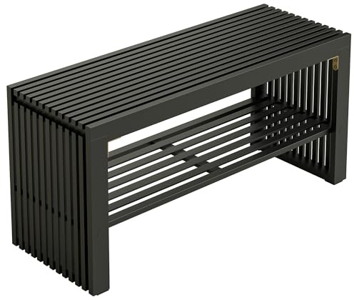 HEYZOEY Natural Bamboo Hallway Bench with Storage Shelf, Shoe Bench for Entryway, Wooden Dining Bench for Kitchen and Dining Room, Accent Bench for Bedroom or Living Room, 35 x 13 x 17 in Balck