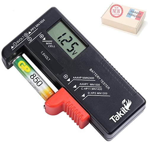 TAKIT Probador De Pilas Digital para AA, AAA, C, D, PP3, 9V, 1.5V, Pila Boton - 5 Años De Garantía
