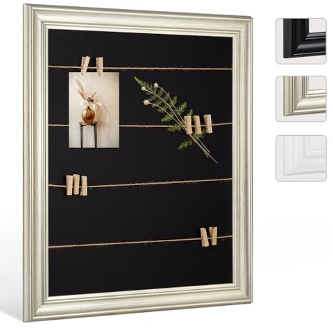 Bildershop-24 Cornice portafoto ATHEN con corda e 20 mollette in legno per appendere le foto e cartoline, 60 x 80 cm, argento anticato con passepartout in nero, bacheca da parete