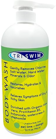 TRISWIM - Gel de baño con eliminación de cloro | Cuidado del gel de ducha después de nadar | Gel de ducha vegano hidratante anticloro para nadadores | Lima y Mango (946 ml)