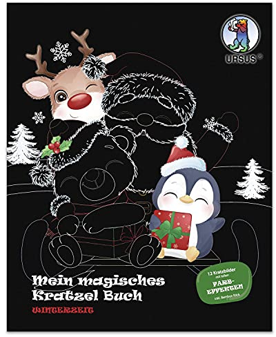 Ursus 24530003F – Mon Livre Magique à gratter et à colorier, avec Images à gratter et à colorier, env. 21 x 26 cm, 12 Motifs hivernaux avec de Superbes Effets de Couleur, avec bâton en Bois,