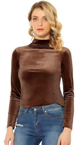 Allegra K Blusa básica de Cuello Alto de Terciopelo elástico con Cuello simulado para Mujer Caramelo XS