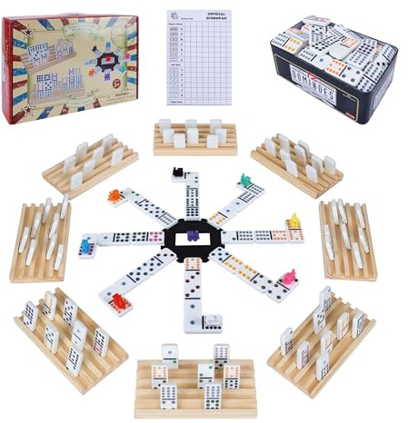 Gonoelec Double 12 Mexican Train Dominoes Set for Adults with 8PCS Wooden Holders, 9 Train Markers, 91 Color Dot Tile Dominos in Tin Box & Hub - Classic Family Board Game Set Party Toy Gift for Kids