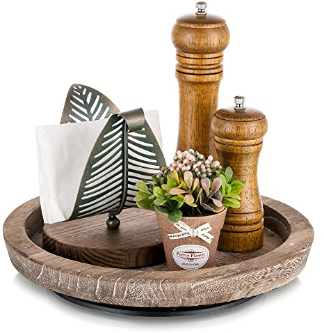 Bandeja giratoria de Madera rústica para Servir: Hanobe Redonda de Madera mayordomo Decorativo Vintage Centro de Mesa Bandeja otomana de Granja con Mesa giratoria para encimera de Cocina, decoración