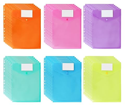 36 Stück Dokumententasche 31x24,5cm Transparente Dokumententasche Abheftbar Sammelmappe mit Druckknopf und Etikettentasche, Dokumentenmappe zum Abheften für Schule, Büro