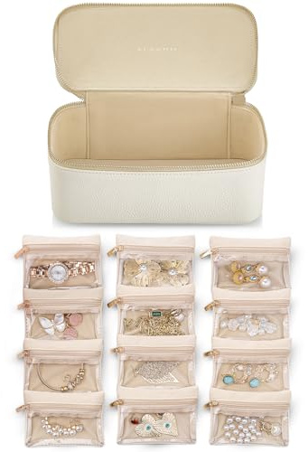 Vlando Travel Jewelry Case,Jewelry Box with 12 Velvet Jewelry Pouch Jewelry Travel Organizer for Women Girl Jewelry Case Necklace Rings Earrings Bags Wedding Gifts (White)