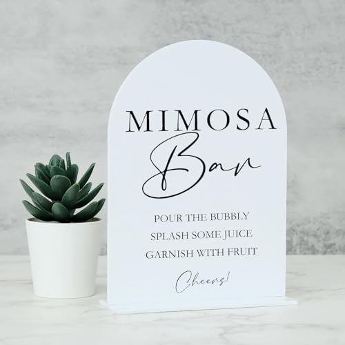 Acrylic Mimosa Bar Sign with Stand- 5x7 White Arch Wedding Sign and Base,1/8 Thick | Modern Calligraphy Black Lettering Acrylic Table Sign for Wedding & Party