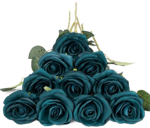 DuHouse 10 st konstgjorda rosor, falska silkesblommor, realistiska brudbuketter med enkla långa plaststjälkar för arrangemang, bröllopsbord, bordsuppsats, fest, heminredning (påfågelblå)