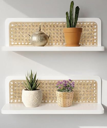 Mazjoaru Wandregal Weiß Boho 2 Set, Rattan Wandregale Boho Wanddeko Rustikal Modern Holz Wandmontierte Aufbewahrungsregale für Wohnzimmer, Kinderzimmer, Schlafzimmer