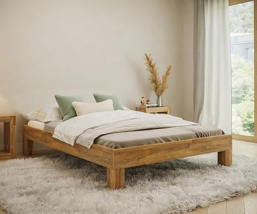 skølm Floki Massivholzbett 140x200 cm aus Eiche - hochwertiges Bettgestell - Bettrahmen ohne Bettkopf - Holzbett in Natur geölt - Bett 140x200 cm geeignet als Doppelbett - Futonbett